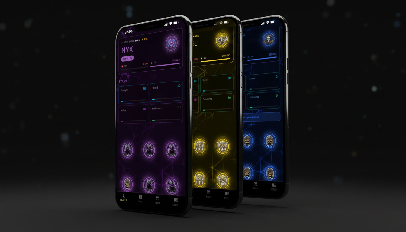 Three phones showing the app recolored for Nyx, Michael and Odin job classes